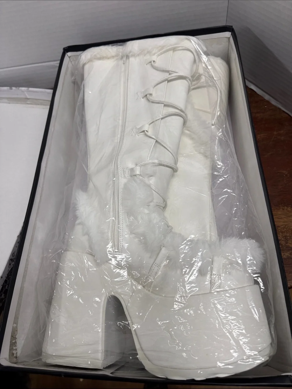 Demonia White Faux-Fur Lace-Up Platform Knee-High Boots with box